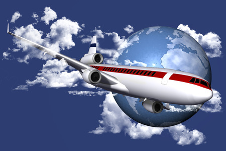Airplane with the world over with its possible destinations.