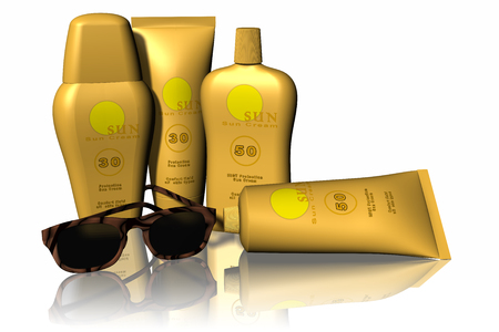 Beach holidays in the sun, symbolized by sunscreens and sunglassesの写真素材