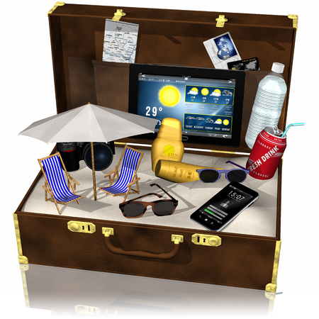 Holiday at the seaside. Suitcase with inside the beach with sand, beach umbrella, sun loungers, glasses and sunscreen, refreshing drinks etc.の写真素材