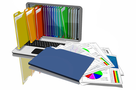 Computers with colored folders for document storage. Database.の写真素材