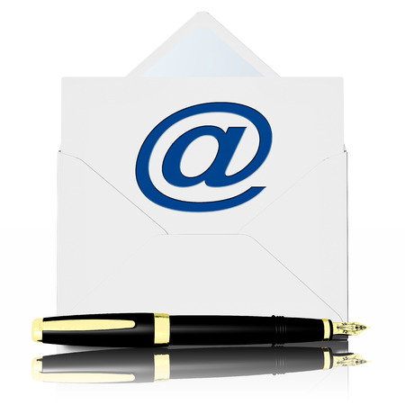 Envelope with letter symbolizing e-mail with fountain pen in foreground.の写真素材