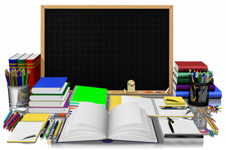 Central chalkboard to insert text with stationery used in school, college, office.の写真素材
