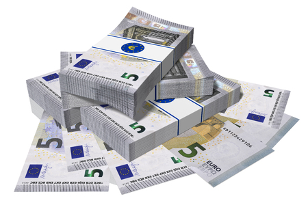 Stack of 5 euro banknotes on a white backgroundの写真素材
