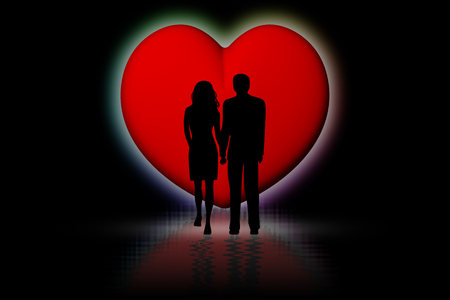 Couple in love with red heart background.の写真素材