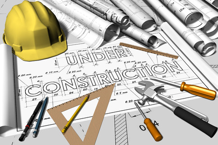 Project and Notice Under Construction with Helmet, Work Tools and Office Items.の写真素材