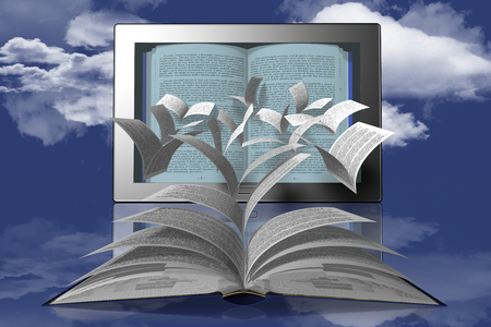 Book pages snap and fly to tablet, e-bookの写真素材