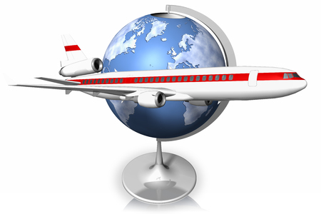 Airplane and mappamondo isolated on white backgroundの写真素材