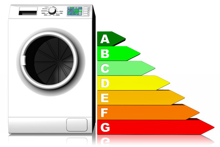 Home appliances. Washing machine with energy saving symbol. White background.の写真素材