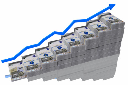 Stack of banknotes with growing graphic symbol.の写真素材