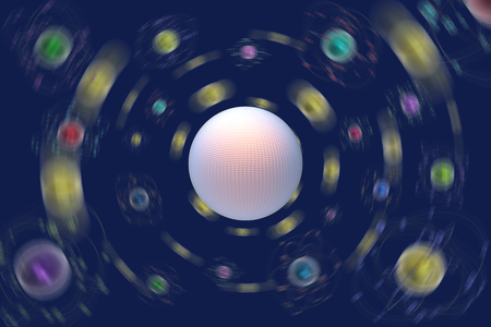 Abstract image. Space, atoms, planets, molecules, electrons on a blue background.の写真素材