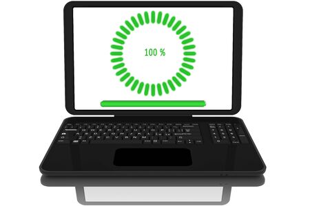 Open laptop computer with file download symbol.の写真素材
