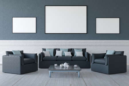 Home environment. Lounge with sofa, armchairs and furnishing elements.