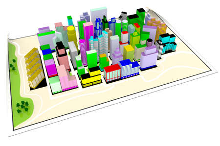 3D illustration. Road map. Cities, skyscrapers and houses located on the map.
