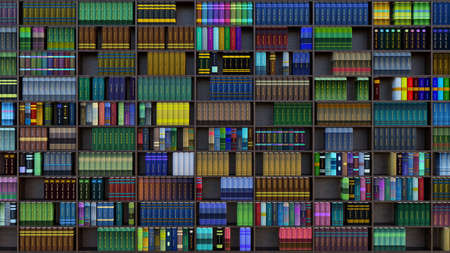 Library in the foreground. Numerous books are lined up on the shelves of a large libraryの写真素材