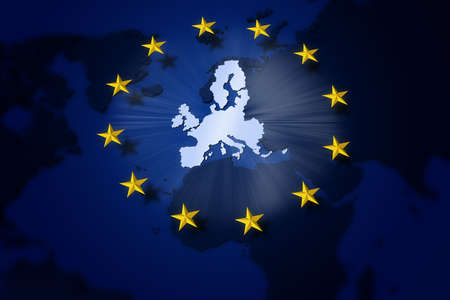 Europe. European union flag. Circle of yellow stars on Europe map background.の写真素材