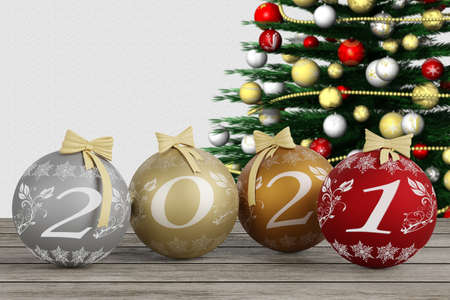 3d illustration. New Year 2021. New Year 2021 in numbers and with Christmas decoration.