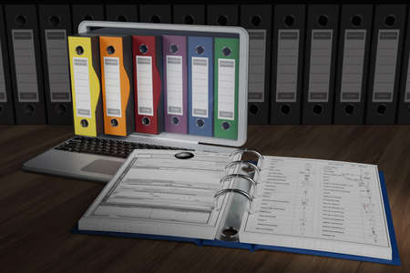 Computer with colored folders for filing documents. Database.