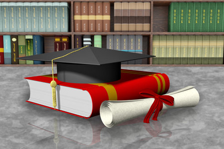 Classic graduate cap on book with graduation diploma next to it. vの写真素材