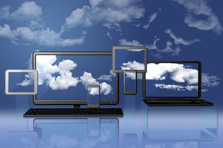 Computing, computer with blue sky in the background and screen.の写真素材
