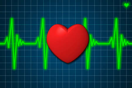 Red heart with background electrocardiogram monitor.