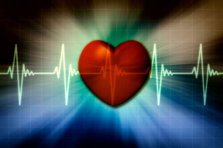 Red heart with background electrocardiogram monitor.