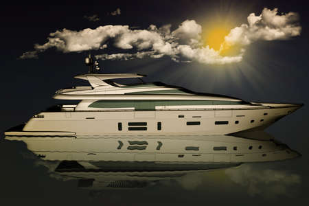 Yacht in the middle of the sea with sky, clouds and setting sun in the background.の写真素材