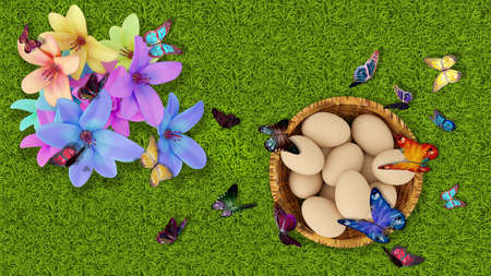 3d illustration. Spring, summer, Easter. Basket of eggs with grass and butterflies, in the background sky and trees. Daisies and flowers color the green lawn.の写真素材