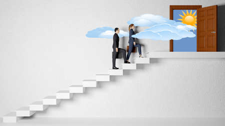 3d illustration. Business man and woman climb the ladder of success in finance and economics. Business, architecture, people, futureの写真素材