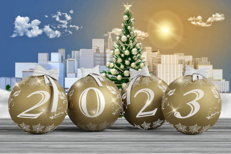 3d illustration. New Year 2023. New Year 2023 in numbers and with Christmas decoration.