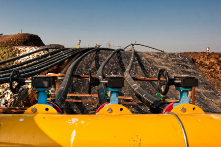 Gas production and distribution pipes. Gas pipeline and methane pipeline in view.の写真素材