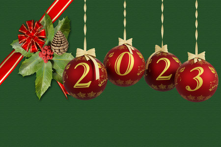 3d illustration. New Year 2023. New Year 2023 in numbers and with Christmas decoration.