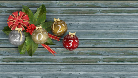 3d illustration. New Year 2023. New Year 2023 in numbers and with Christmas decoration.