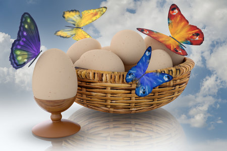 3d illustration. Egg, Eggs. Healthy and natural food and food. Spring image with basket of eggs and butterflies suitable for Easter.の写真素材