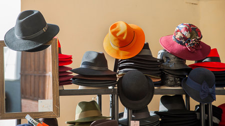 Group of hats in the shop window.の写真素材