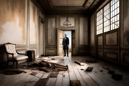 Businessman standing in an empty room with broken walls and floor.の素材
