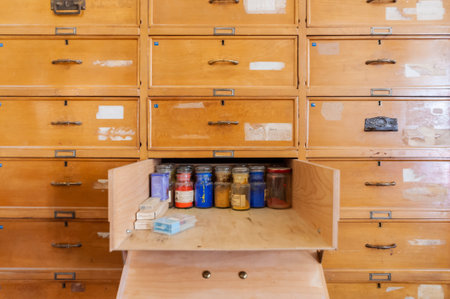 Drawer, shelf with bottles and jars of paints in artisan workshop.の写真素材