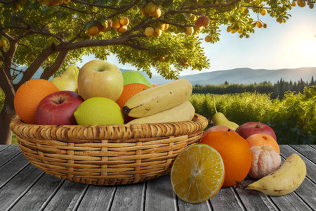 Fruits in a basket on a wooden table against the backdrop of natureの写真素材