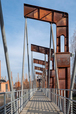 Old rusty metal bridge over the river in the city of Gdansk, Polandの写真素材