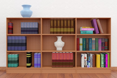 3d render of bookshelves with books and vase.の写真素材