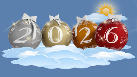 Happy New Year 2026 with christmas balls in the clouds. Vector illustration.