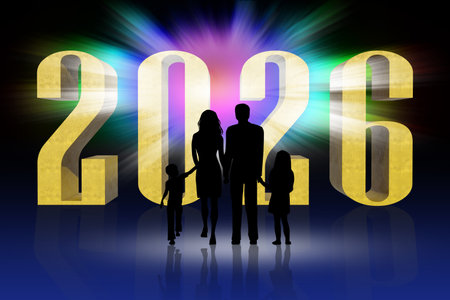 Silhouettes of a family, two adults and two children, stand before a large golden number, "2026." The background features an abstract, radiant explosion of color. Numerals and numbers on a shiny surface. New Year's Eve 2026.の写真素材