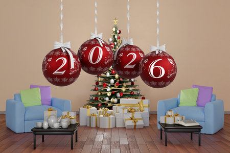 3D illustration. New Year 2026. New Year's Eve 2026 in numbers and with Christmas decorations....