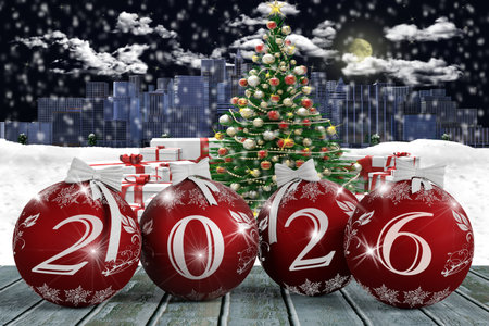 3D illustration. New Year 2026. New Year 2026 in numbers and with Christmas decorations.