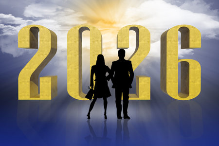 The 3D golden numerals 2026 stand out against a blue sky, dotted with clouds and sunbeams. The...