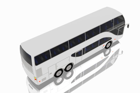 A white bus with a sleek, modern design on a white background. The computer-generated 3D rendering shows a streamlined shape with tinted windows and dual rear axles.の写真素材