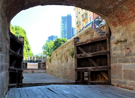 Milan, Italy, June 18, 2017 - evocative image of the Naviglio of San Marco and hydraulic system of closures called "Chiuse" designed by Leonardo da Vinci, detailのeditorial素材