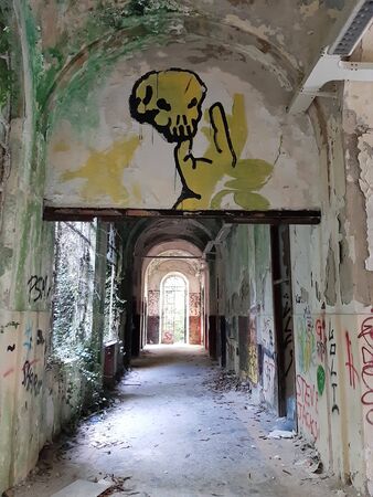 2019.09.28 - Limbiate, Milan, Italy, photo reportage asylum in Mombello, abandoned psychiatric hospital murals on the wall of a corridor of the hospital structureの写真素材