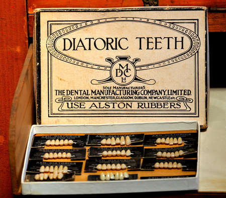 Milan, Italy, 2017.05.21 evocative image of old samples of dental prostheses at a vintage market