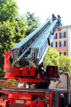 2017.06.18 Milan, Italy, ladder truck in action by the fire brigade during an intervention, detail...