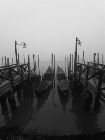 Venice, Italy, January 27, 2020 evocative black and white image of gondolas moored along a pierの写真素材